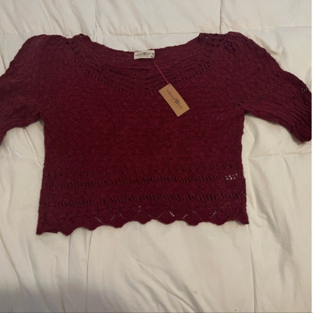 NATURAL LIFE Burgundy Crochet Scoop Neck Sweater. Size L - Picture 2 of 5